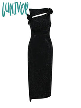 Lunivop Women Sexy Cut Out Studded Rhinestone Flower Black Midi Bodycon Bandage Dress Elegant